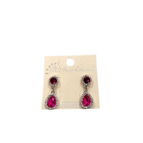 Silver And Fuchsia Crystal Teardrop Dangle Earrings - Picture 3 of 5